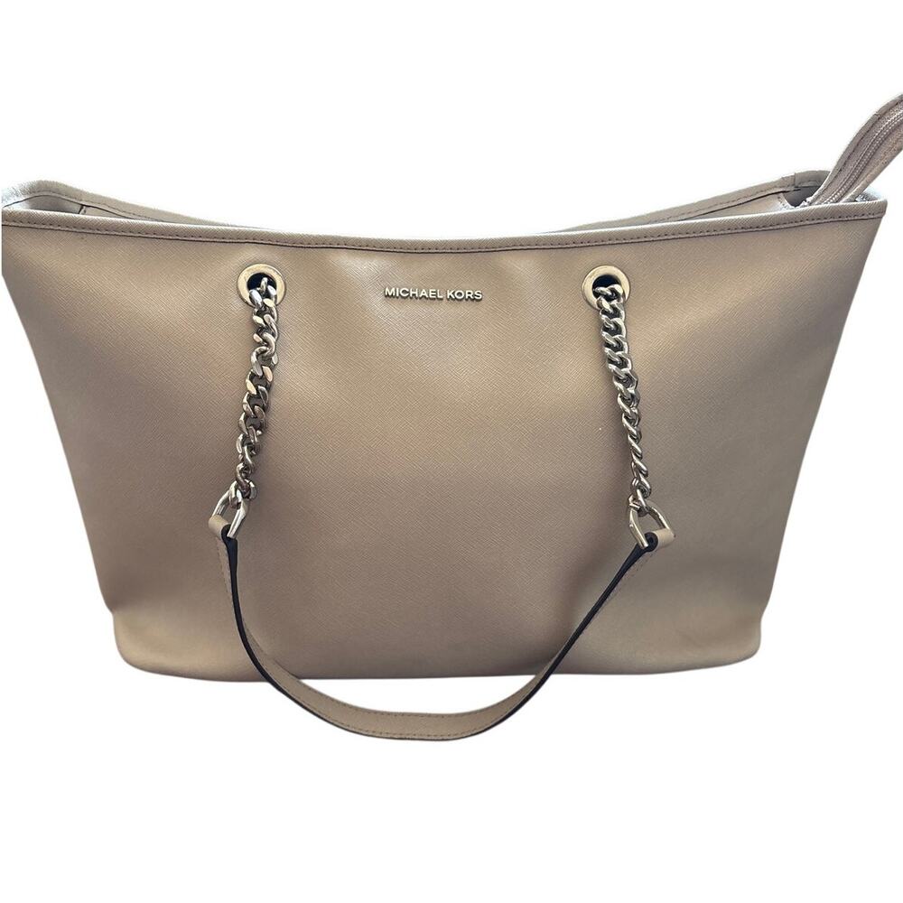 Michael Kors Beige Leather Top Zip Jet Set Large Chain Tote Bag Travel